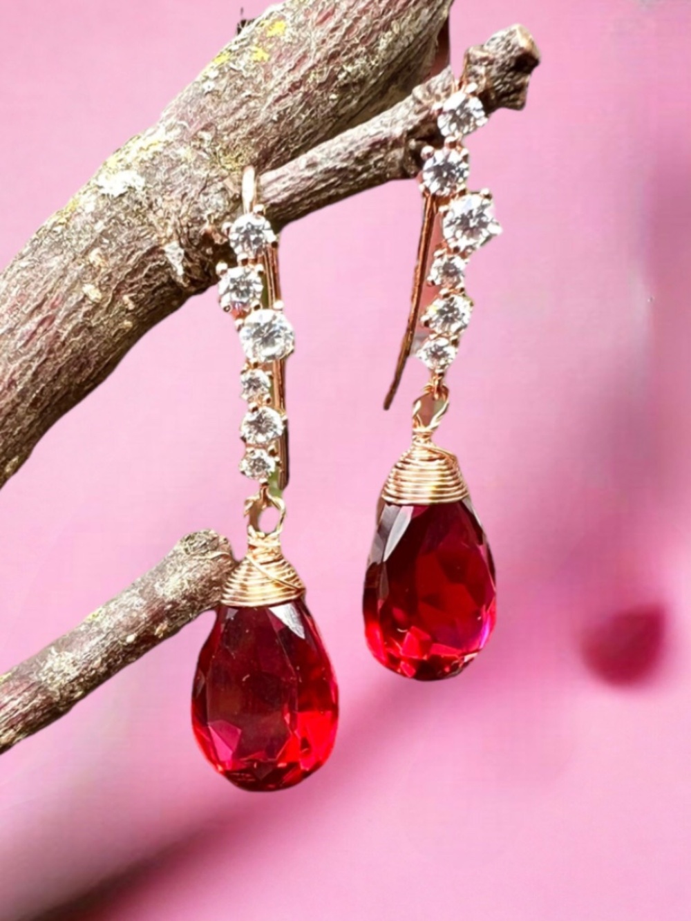New Ruby Teardrop Earrings, 18k Rose Gold Vermeil, July Birthstone